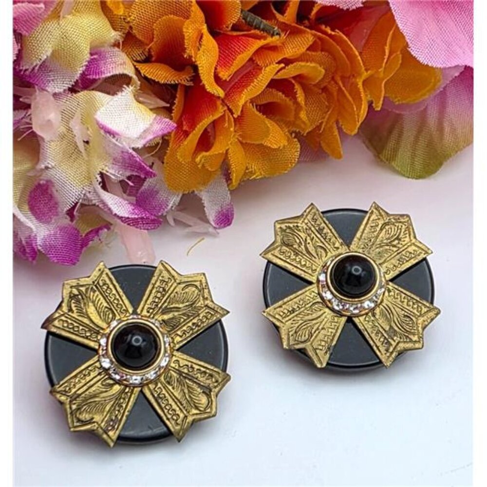 Vintage Maltese Cross Black Bead Rhinestone Stud Earrings Gold Tone 29mm